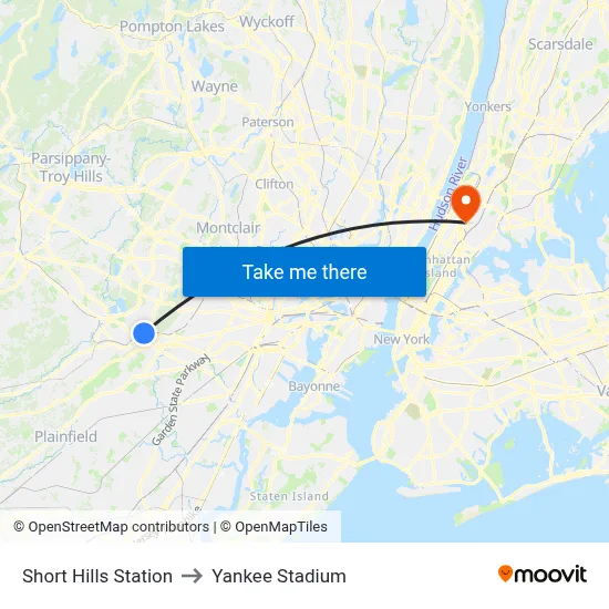 Short Hills Station to Yankee Stadium map