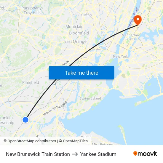New Brunswick Train Station to Yankee Stadium map