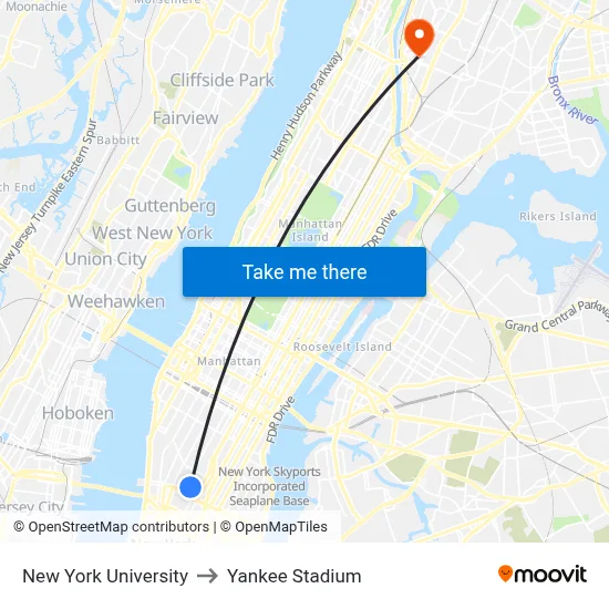 New York University to Yankee Stadium map