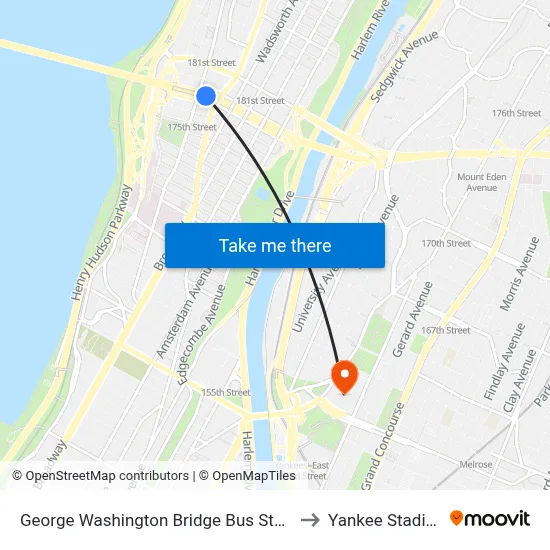 George Washington Bridge Bus Station to Yankee Stadium map