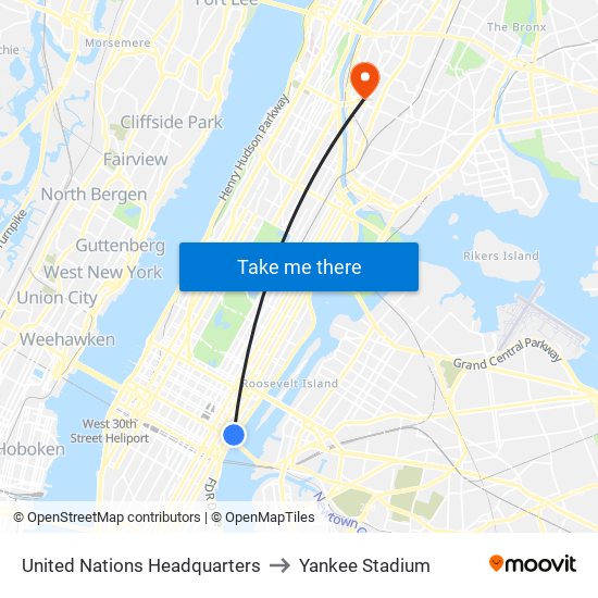 United Nations Headquarters to Yankee Stadium map