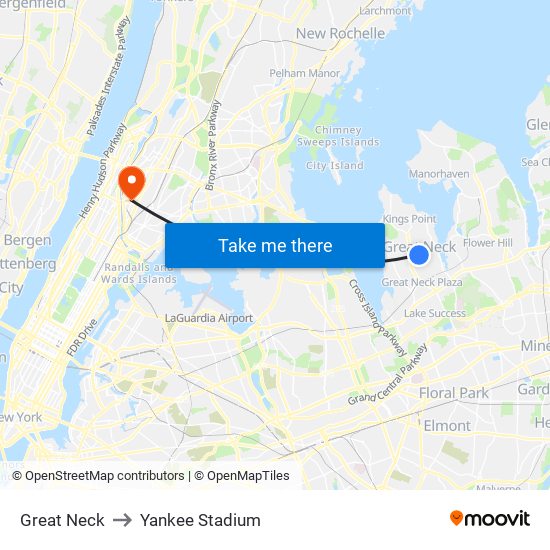 Great Neck to Yankee Stadium map