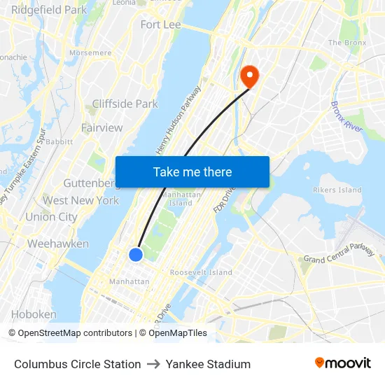 Columbus Circle Station to Yankee Stadium map