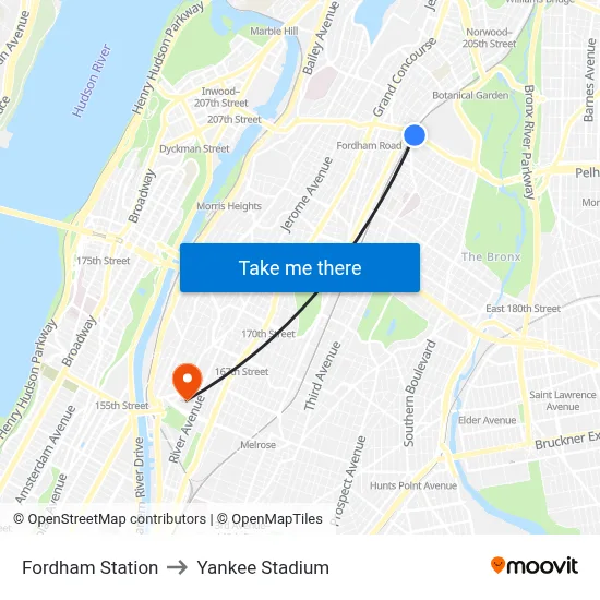 Fordham Station to Yankee Stadium map