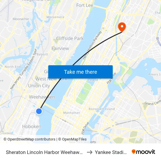 Sheraton Lincoln Harbor Weehawken to Yankee Stadium map