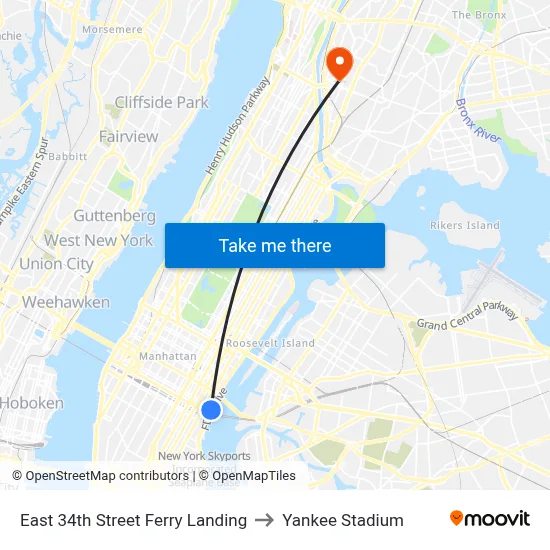 East 34th Street Ferry Landing to Yankee Stadium map