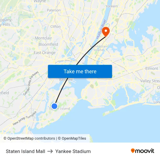 Staten Island Mall to Yankee Stadium map