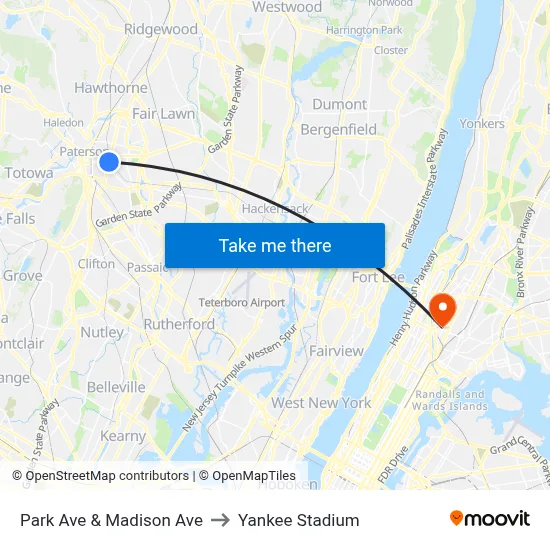 Park Ave & Madison Ave to Yankee Stadium map