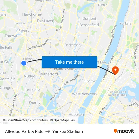 Allwood Park & Ride to Yankee Stadium map