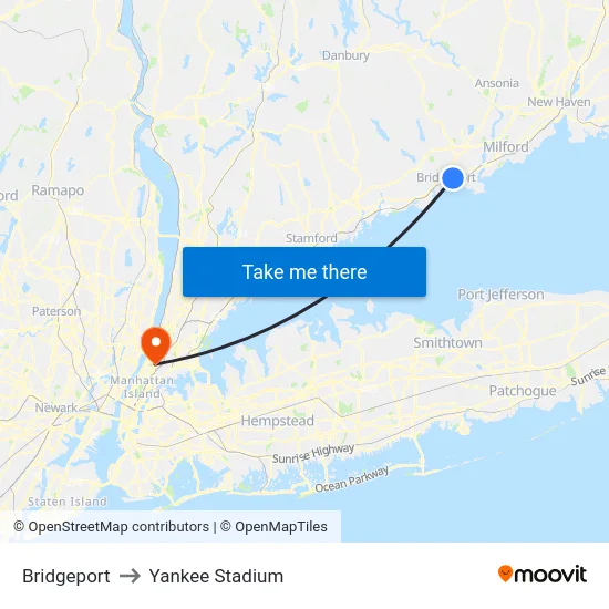Bridgeport to Yankee Stadium map