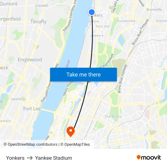Yonkers to Yankee Stadium map