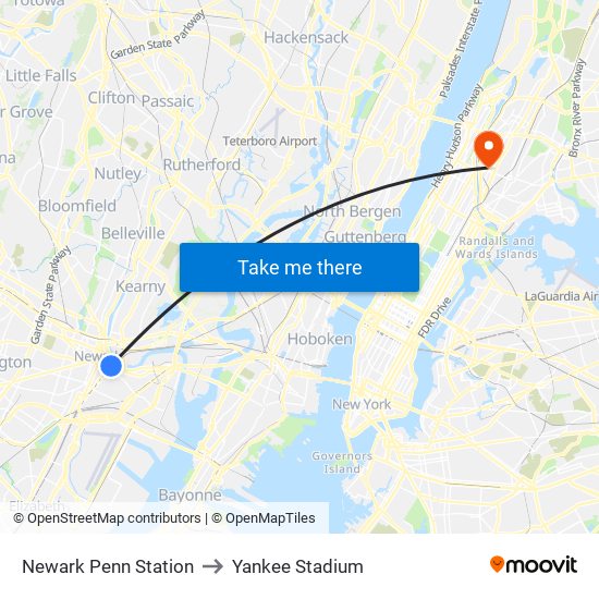 Newark Penn Station to Yankee Stadium map
