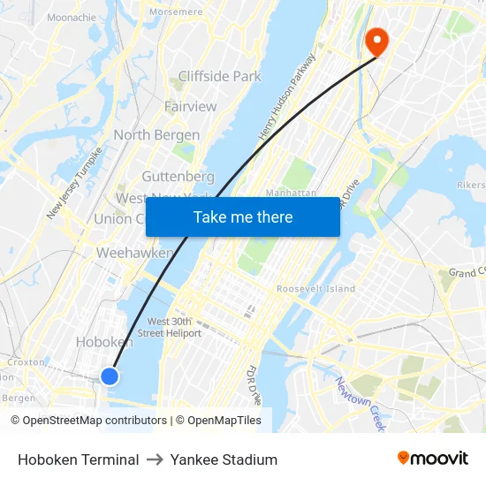 Hoboken Terminal to Yankee Stadium map