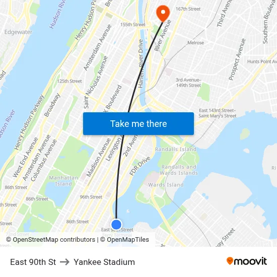 East 90th St to Yankee Stadium map