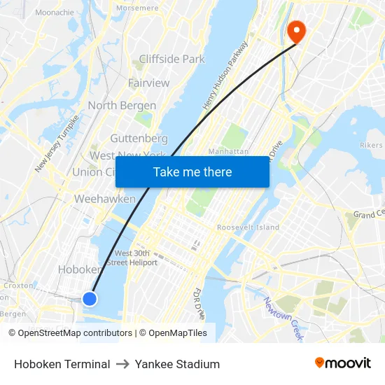 Hoboken Terminal to Yankee Stadium map