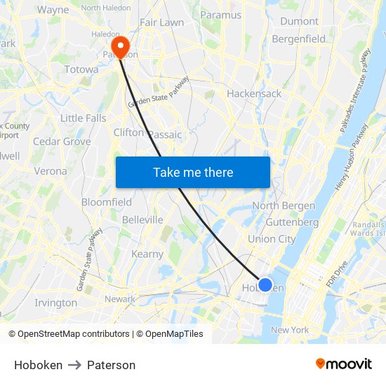 Hoboken to Paterson map