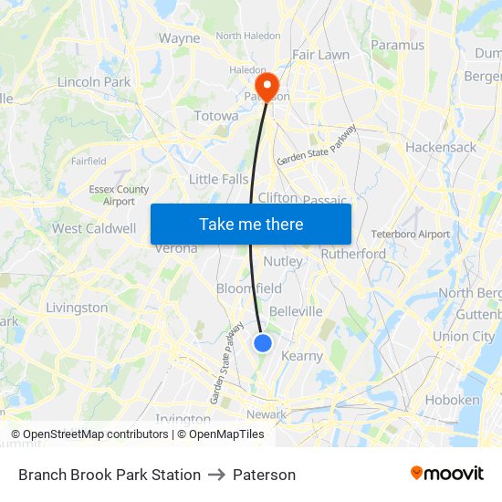 Branch Brook Park Station to Paterson map