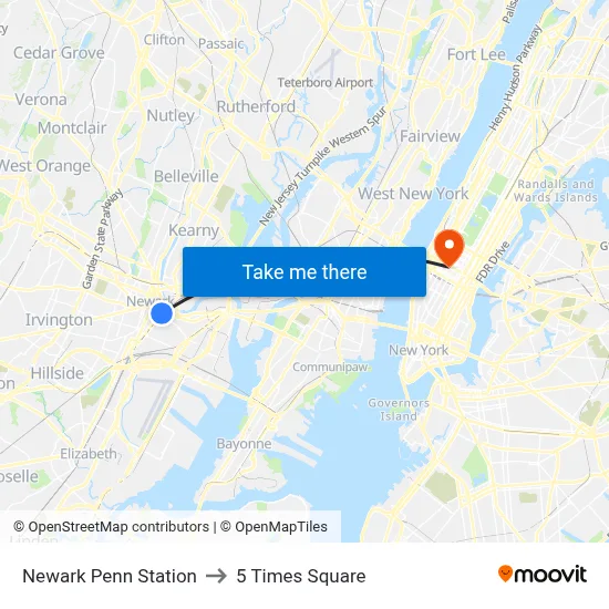 Newark Penn Station to 5 Times Square map