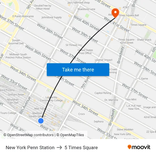 New York Penn Station to 5 Times Square map
