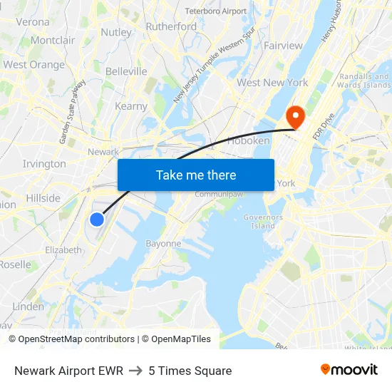 Newark Airport EWR to 5 Times Square map