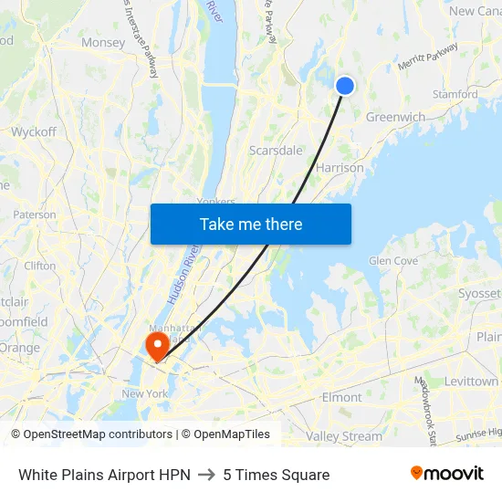 White Plains Airport HPN to 5 Times Square map