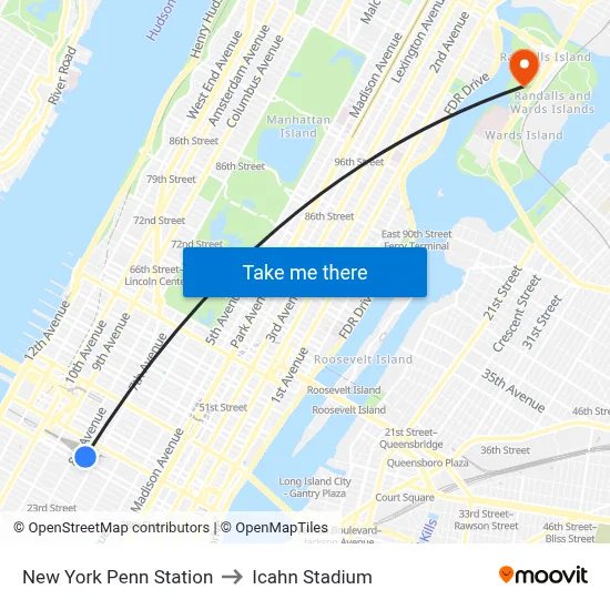 New York Penn Station to Icahn Stadium map