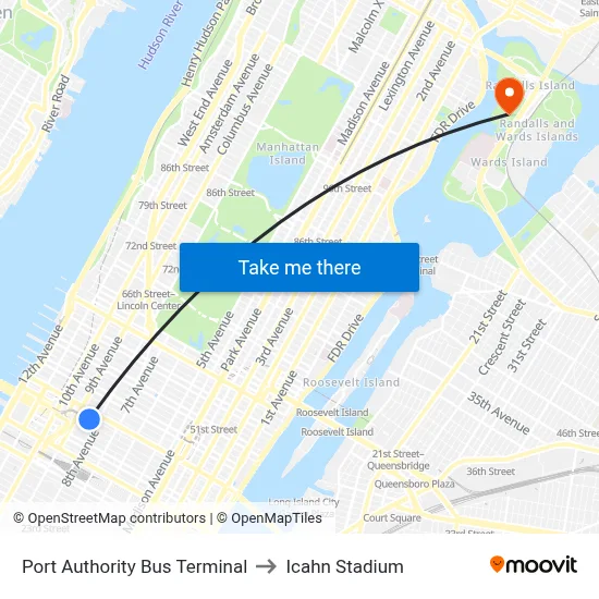Port Authority Bus Terminal to Icahn Stadium map