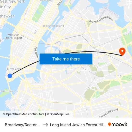 Broadway/Rector St to Long Island Jewish Forest Hills map