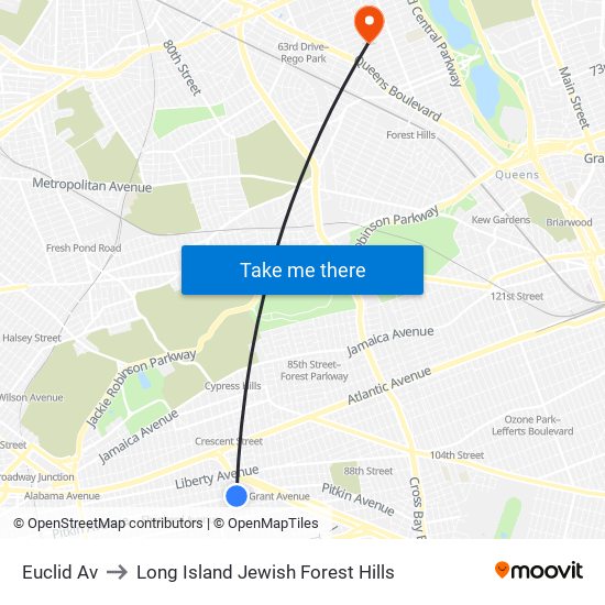 Euclid Av to Long Island Jewish Forest Hills map