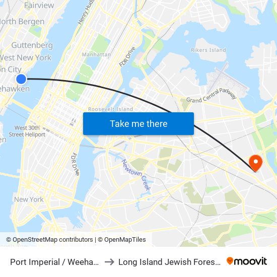 Port Imperial / Weehawken to Long Island Jewish Forest Hills map