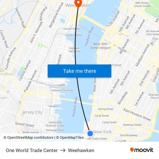 One World Trade Center to Weehawken map