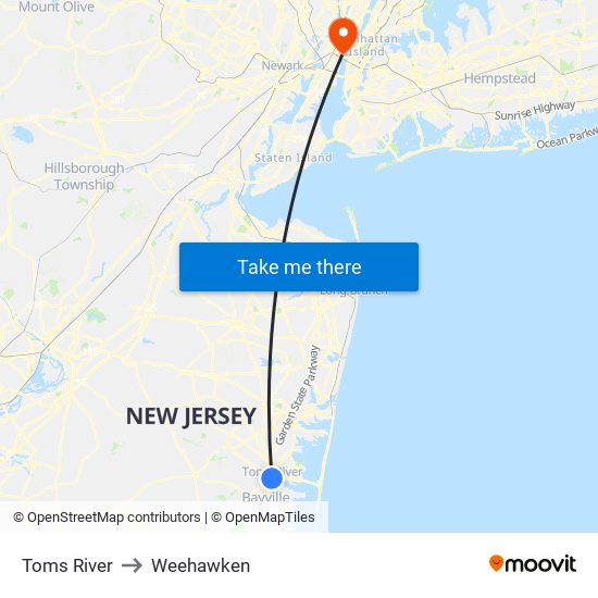 Toms River to Weehawken map