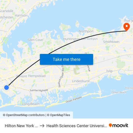 Hilton New York JFK Airport to Health Sciences Center University Hospital Heliport map