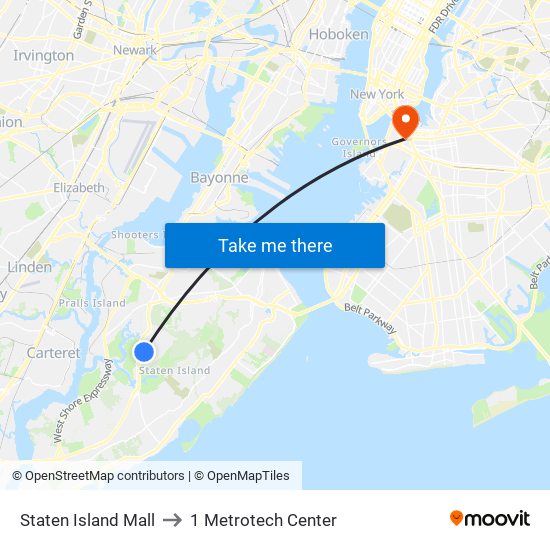 Staten Island Mall to 1 Metrotech Center map