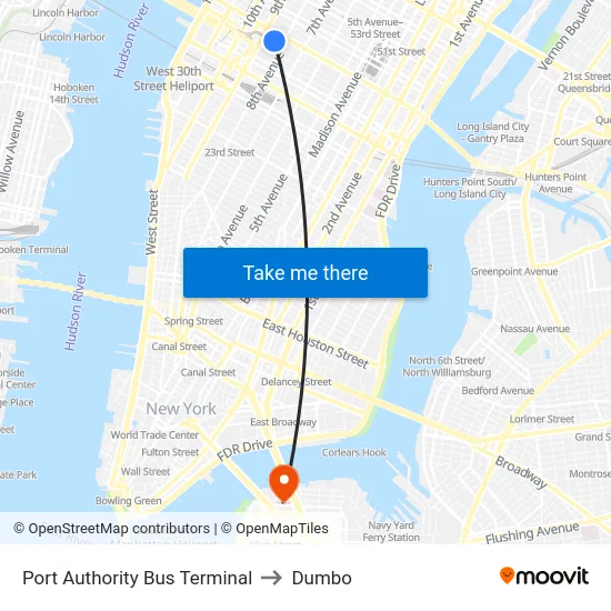 Port Authority Bus Terminal to Dumbo map