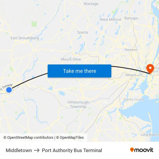 Middletown to Port Authority Bus Terminal map
