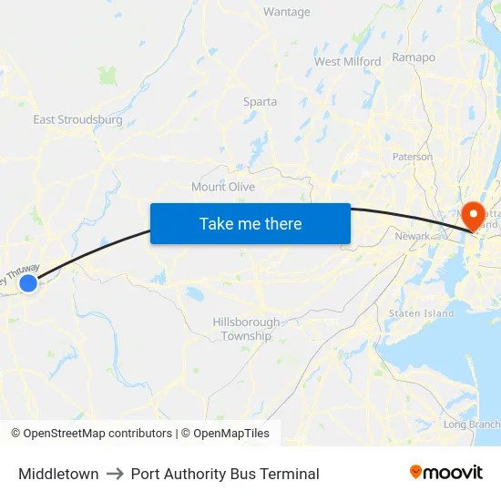 Middletown to Port Authority Bus Terminal map