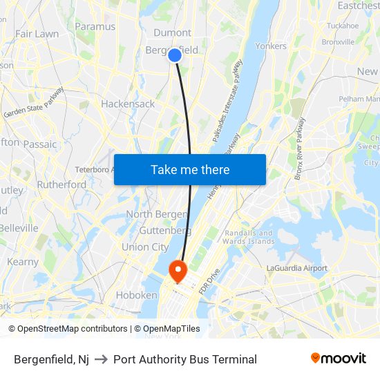 Bergenfield, Nj to Port Authority Bus Terminal map