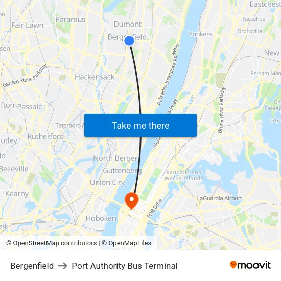 Bergenfield to Port Authority Bus Terminal map