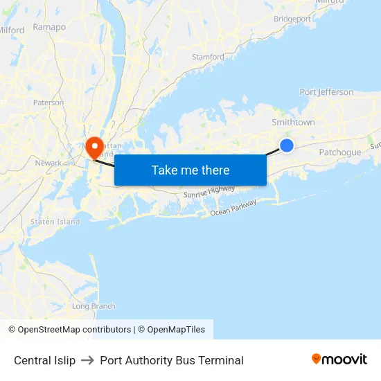Central Islip to Port Authority Bus Terminal map