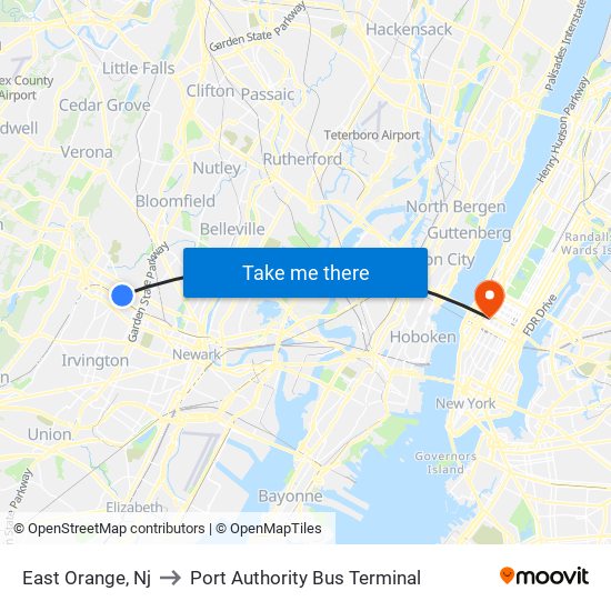 East Orange, Nj to Port Authority Bus Terminal map