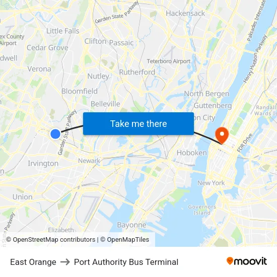 East Orange to Port Authority Bus Terminal map