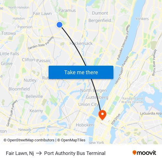 Fair Lawn, Nj to Port Authority Bus Terminal map