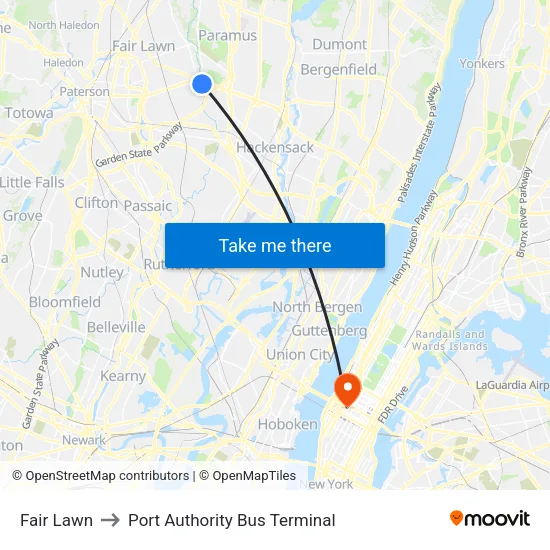 Fair Lawn to Port Authority Bus Terminal map