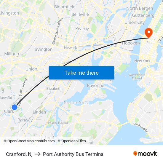 Cranford, Nj to Port Authority Bus Terminal map