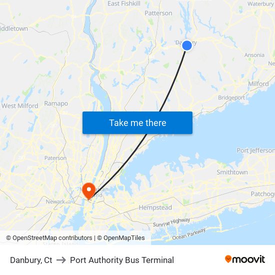 Danbury, Ct to Port Authority Bus Terminal map