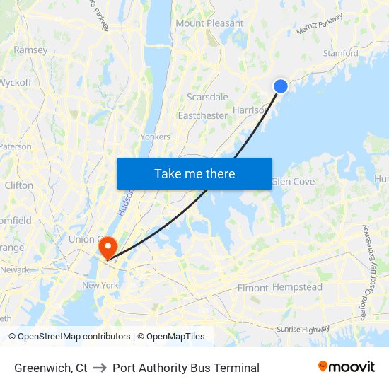 Greenwich, Ct to Port Authority Bus Terminal map