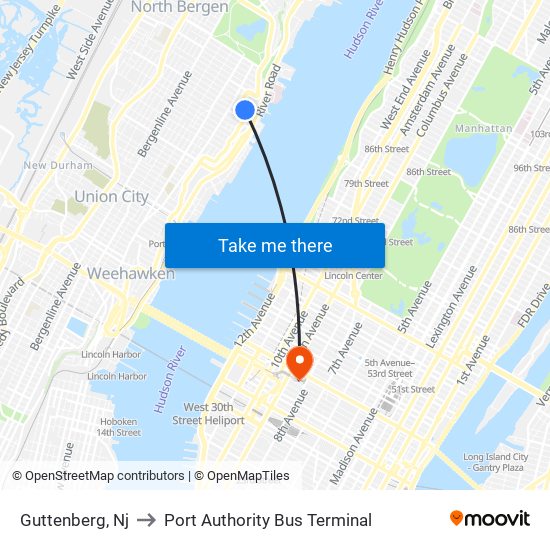 Guttenberg, Nj to Port Authority Bus Terminal map