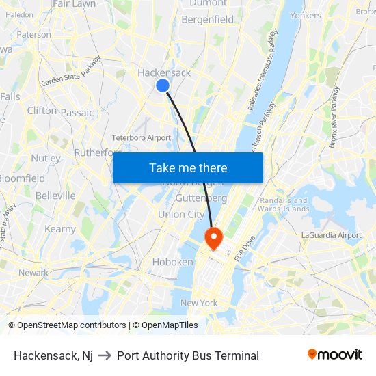 Hackensack, Nj to Port Authority Bus Terminal map