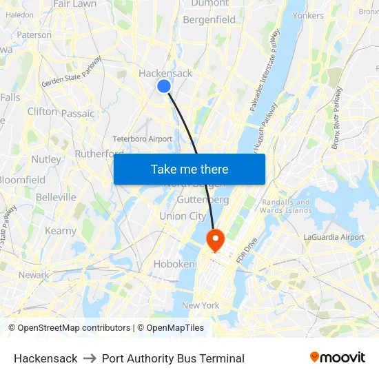 Hackensack to Port Authority Bus Terminal map